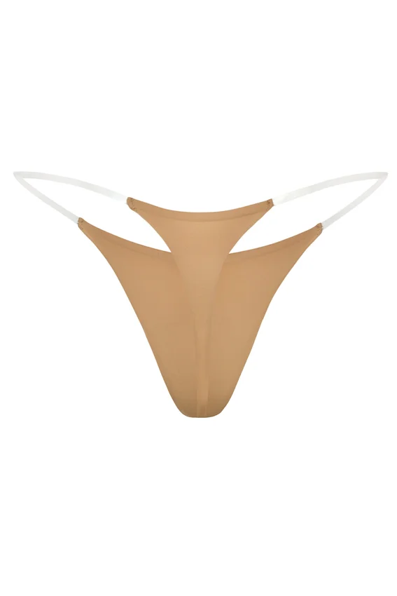Intimates Seamless Knit Clear Strap Thong in Caramel Intimates Seamless Knit Clear Strap Thong in Caramel
