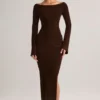 Isay Rib-Knit Boat-Neck Long-Sleeve Maxi Dress in Chocolate Brown