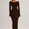 Isay Rib-Knit Boat-Neck Long-Sleeve Maxi Dress in Chocolate Brown