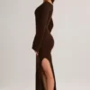 Isay Rib-Knit Boat-Neck Long-Sleeve Maxi Dress in Chocolate Brown