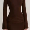 Isay Rib-Knit Boat-Neck Long-Sleeve Maxi Dress in Chocolate Brown