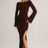 Isay Rib-Knit Boat-Neck Long-Sleeve Maxi Dress in Chocolate Brown