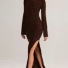 Isay Rib-Knit Boat-Neck Long-Sleeve Maxi Dress in Chocolate Brown