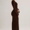 Isay Rib-Knit Boat-Neck Long-Sleeve Maxi Dress in Chocolate Brown