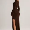 Isay Rib-Knit Boat-Neck Long-Sleeve Maxi Dress in Chocolate Brown