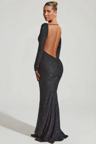 Jailene Embellished Open-Back Gown in Black