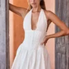 Jessalie Pintucked Halterneck Mini Dress in White Jessalie Pintucked Halterneck Mini Dress in White