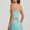 Jianna Embellished Low-Rise Mini Skirt in Aqua Blue