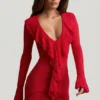 Jolessa Ruffle-Trim Pointelle-Knit Mini Dress in Scarlet Red