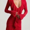 Jolessa Ruffle-Trim Pointelle-Knit Mini Dress in Scarlet Red