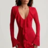 Jolessa Ruffle-Trim Pointelle-Knit Mini Dress in Scarlet Red