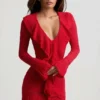 Jolessa Ruffle-Trim Pointelle-Knit Mini Dress in Scarlet Red