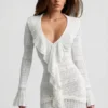 Jolessa Ruffle-Trim Pointelle-Knit Mini Dress in White