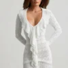 Jolessa Ruffle-Trim Pointelle-Knit Mini Dress in White