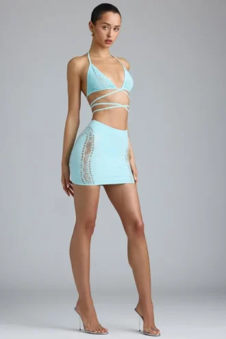 Joni Embellished Mid-Rise Mini Skirt in Ice Blue Joni Embellished Mid-Rise Mini Skirt in Ice Blue