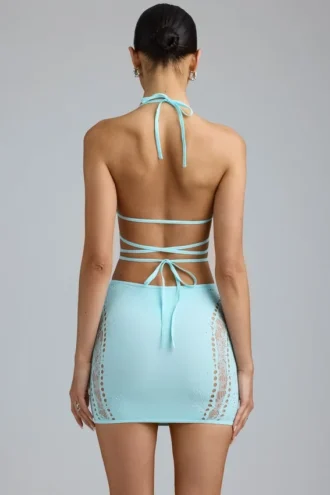Joni Embellished Mid-Rise Mini Skirt in Ice Blue Joni Embellished Mid-Rise Mini Skirt in Ice Blue