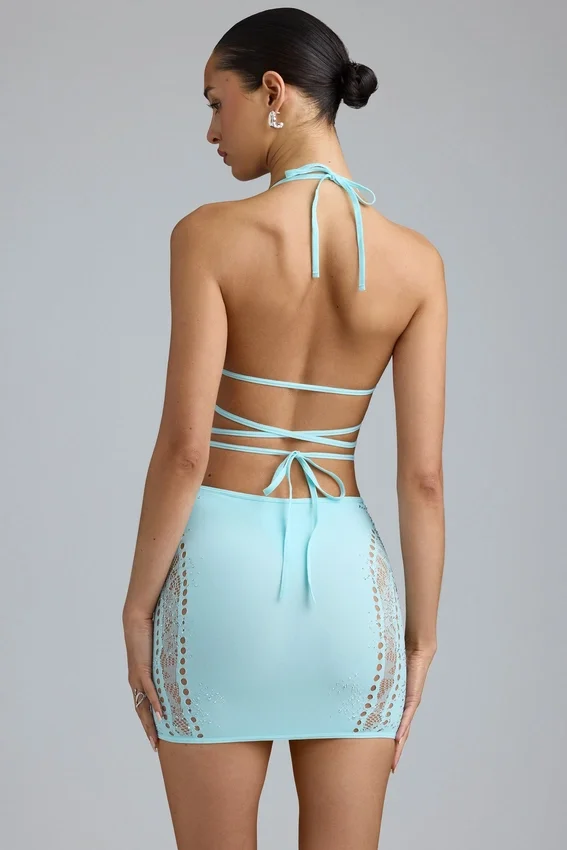 Joni Embellished Mid-Rise Mini Skirt in Ice Blue Joni Embellished Mid-Rise Mini Skirt in Ice Blue