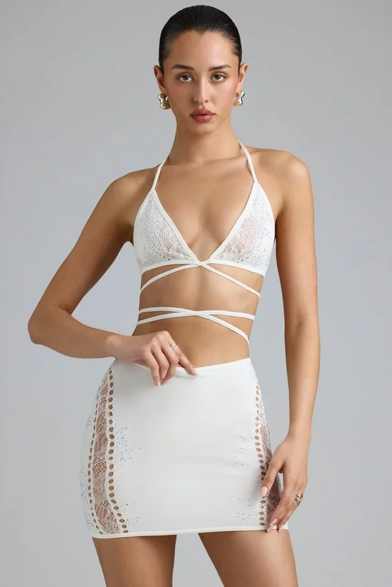 Joni Embellished Mid-Rise Mini Skirt in Ivory Joni Embellished Mid-Rise Mini Skirt in Ivory