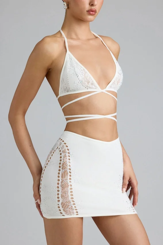 Joni Embellished Mid-Rise Mini Skirt in Ivory Joni Embellished Mid-Rise Mini Skirt in Ivory