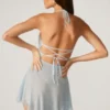 Juni Embellished Lace Up Back Mini Dress in Aqua