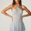 Juni Embellished Lace Up Back Mini Dress in Aqua