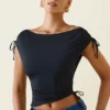 Kaede Asymmetric Ruched Cowl-Back Crop Top in Black