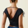 Kaede Asymmetric Ruched Cowl-Back Crop Top in Black
