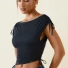 Kaede Asymmetric Ruched Cowl-Back Crop Top in Black