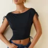 Kaede Asymmetric Ruched Cowl-Back Crop Top in Black