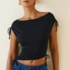 Kaede Asymmetric Ruched Cowl-Back Crop Top in Black