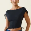 Kaede Asymmetric Ruched Cowl-Back Crop Top in Black