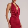 Kael Draped Cowl Mini Dress in Cherry Red