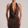 Kael Draped Cowl Mini Dress in Chocolate Brown