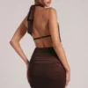 Kael Draped Cowl Mini Dress in Chocolate Brown