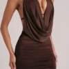 Kael Draped Cowl Mini Dress in Chocolate Brown