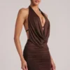 Kael Draped Cowl Mini Dress in Chocolate Brown