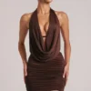 Kael Draped Cowl Mini Dress in Chocolate Brown
