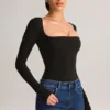 Kaia Modal Square-Neck Long-Sleeve Top in Black