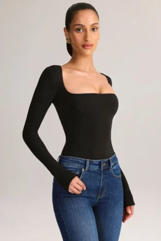 Kaia Modal Square-Neck Long-Sleeve Top in Black
