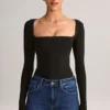 Kaia Modal Square-Neck Long-Sleeve Top in Black