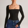 Kaia Modal Square-Neck Long-Sleeve Top in Black