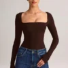 Kaia Modal Square-Neck Long-Sleeve Top in Chocolate Brown