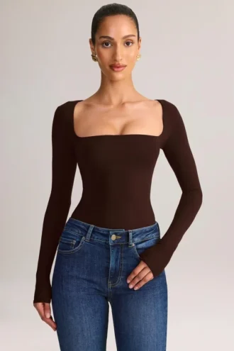 Kaia Modal Square-Neck Long-Sleeve Top in Chocolate Brown
