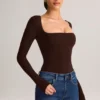 Kaia Modal Square-Neck Long-Sleeve Top in Chocolate Brown
