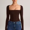 Kaia Modal Square-Neck Long-Sleeve Top in Chocolate Brown