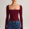 Kaia Modal Square-Neck Long-Sleeve Top in Wine