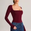 Kaia Modal Square-Neck Long-Sleeve Top in Wine