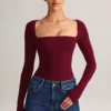Kaia Modal Square-Neck Long-Sleeve Top in Wine