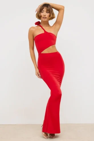 Kalina Jersey Asymmetric Cut Out Maxi Dress  in Scarlet Red