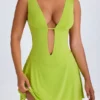 Kalista Plunge Cut-Out Mini Dress in Lime Green